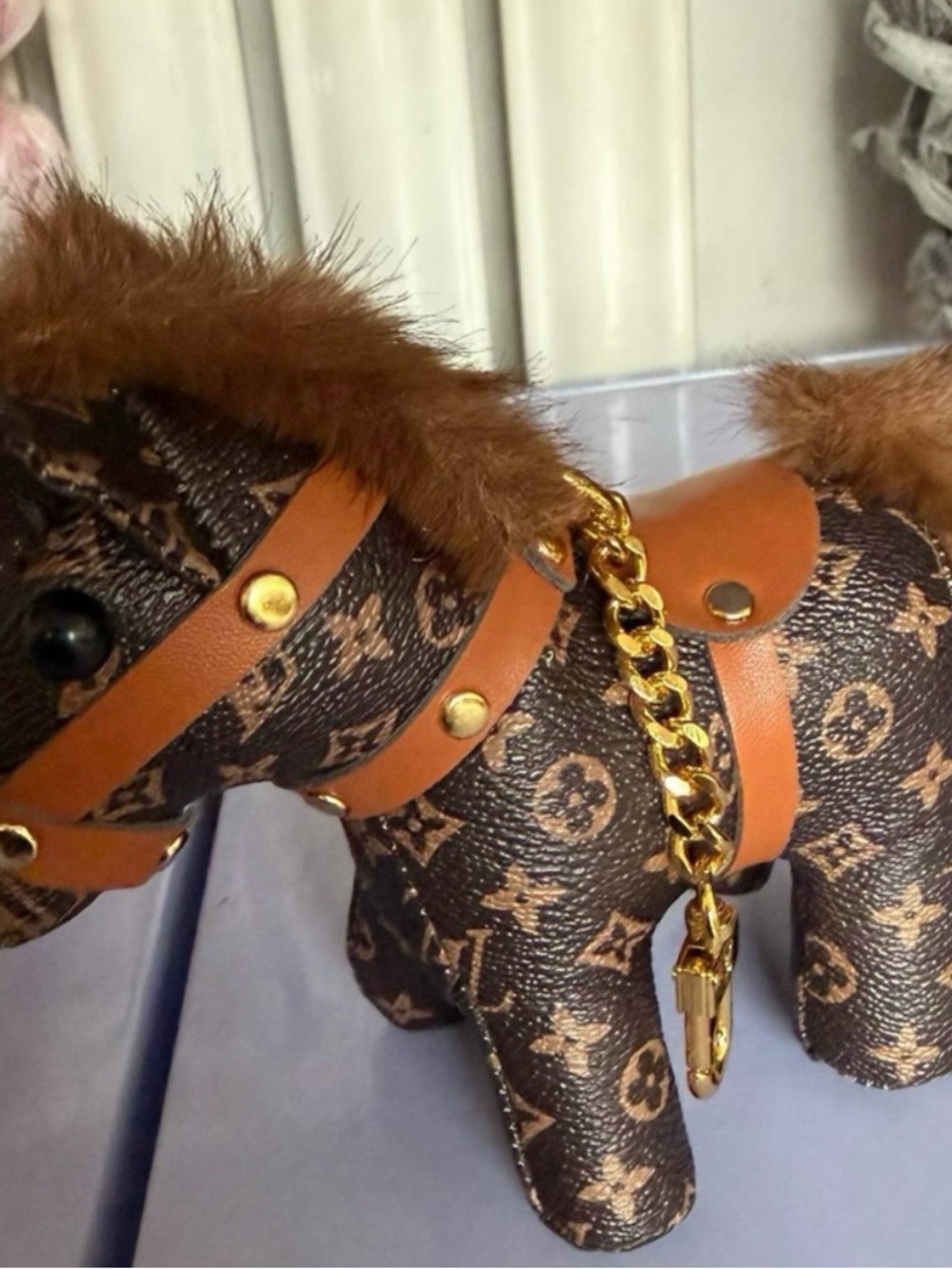 Designer-Inspired Brown Monogram Plush Dog Keychain